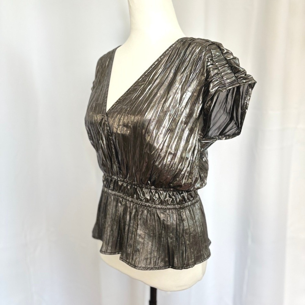 JOE'S Jeans Lea Lame Metallic Peplum Top Metallic Silver Plunge Neck Smocked S - Picture 3 of 8